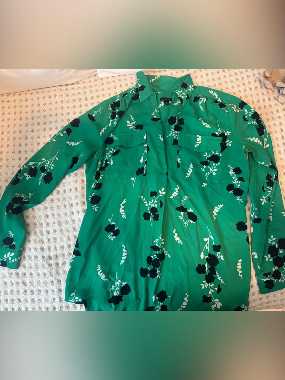 Ann Taylor Camp Shirt- Green Floral Button-Up Dress Shirt